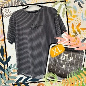 Hollister California Gray Pinstripe Tee XL | Curved Hem Embroidered Logo Shirt